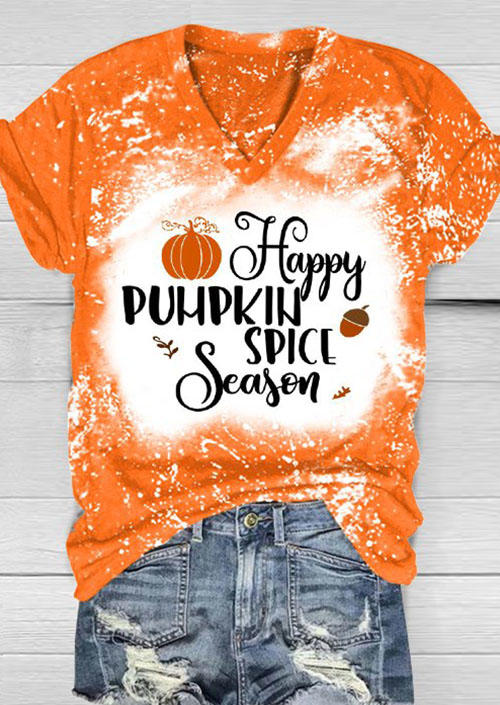 Happy Pumpkin Spice Season V-Neck Bleached T-Shirt Tee - Orange