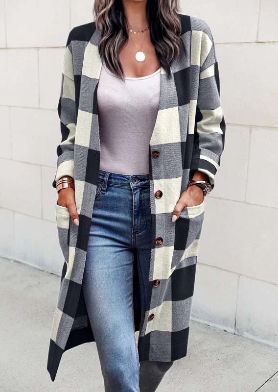 

Plaid Pocket Long Sleeve Cardigan - Black, SCM005877