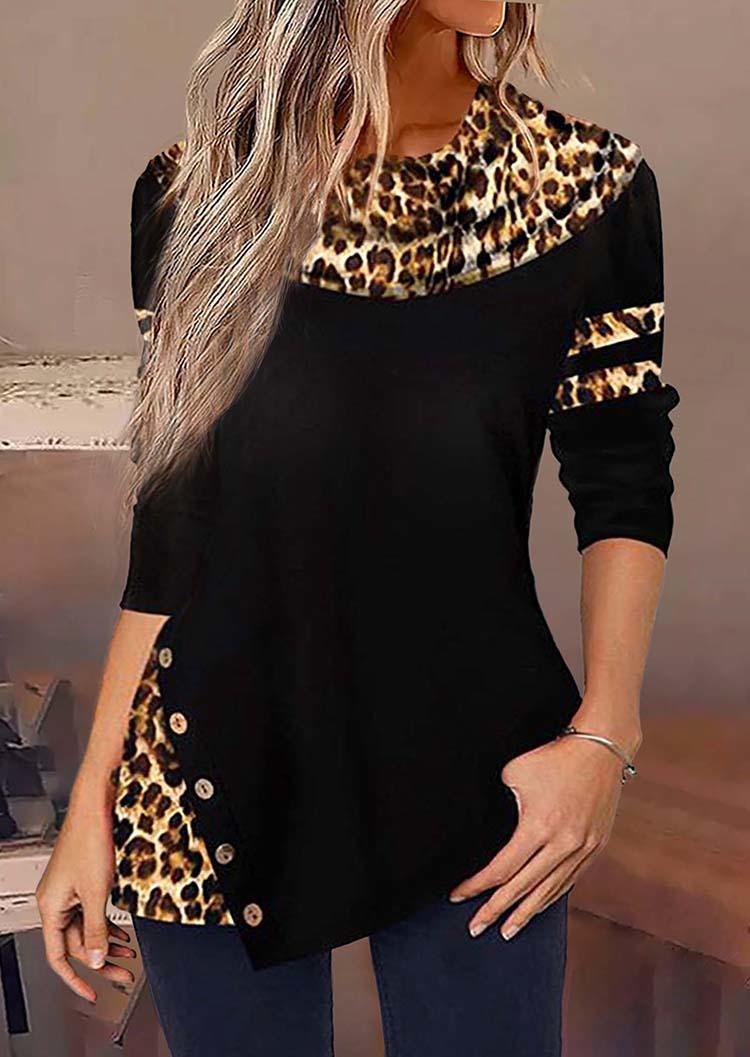 

Leopard Splicing Button Long Sleeve Blouse - Black, SCM005918