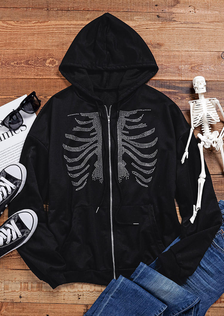 Halloween Skeleton Rhinestone Zipper Pocket Long Sleeve Hooded Coat - Black