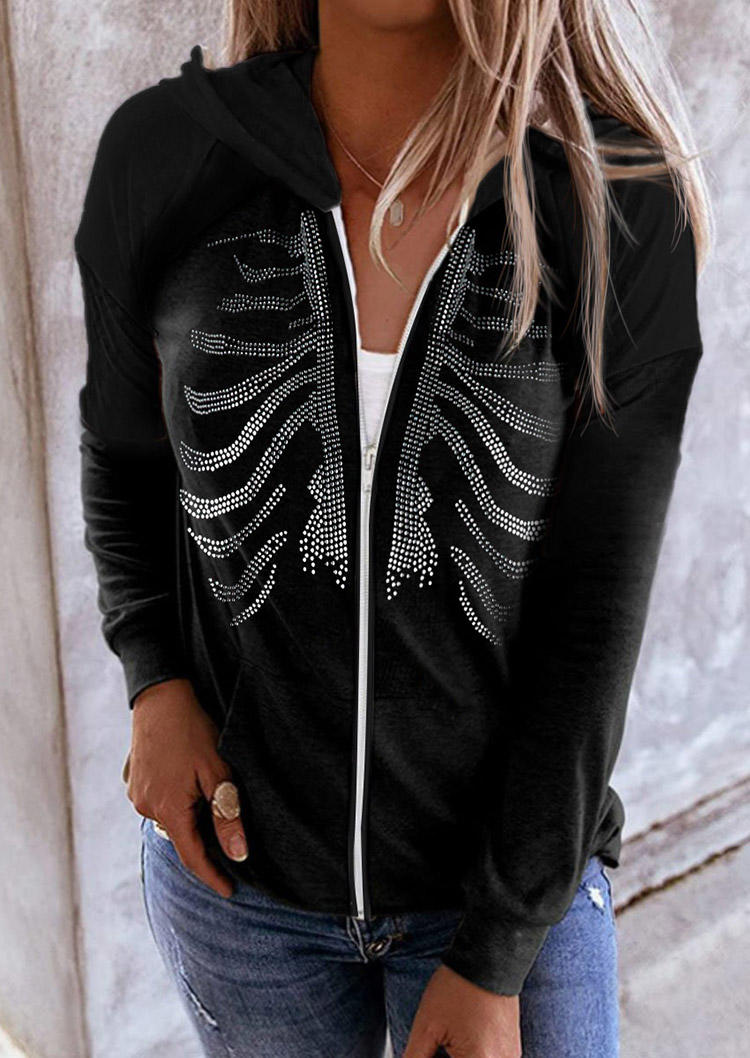 

Halloween Skeleton Rhinestone Zipper Pocket Long Sleeve Hooded Coat - Black, SCM005919