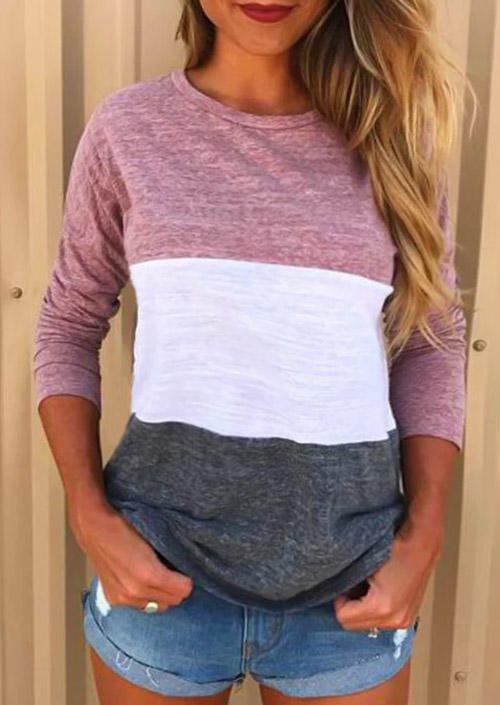 

Color Block Long Sleeve O-Neck Blouse, Multicolor, SCM005921