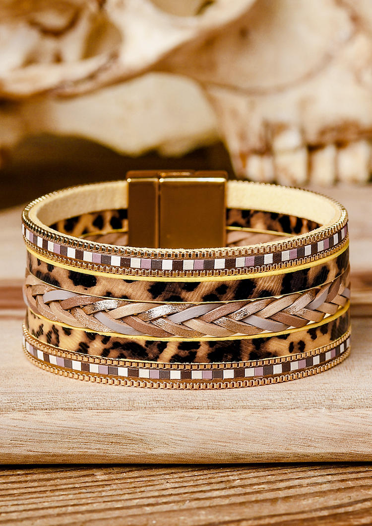 Multi-Layered Leopard Leather Magnetic Buckle Bracelet