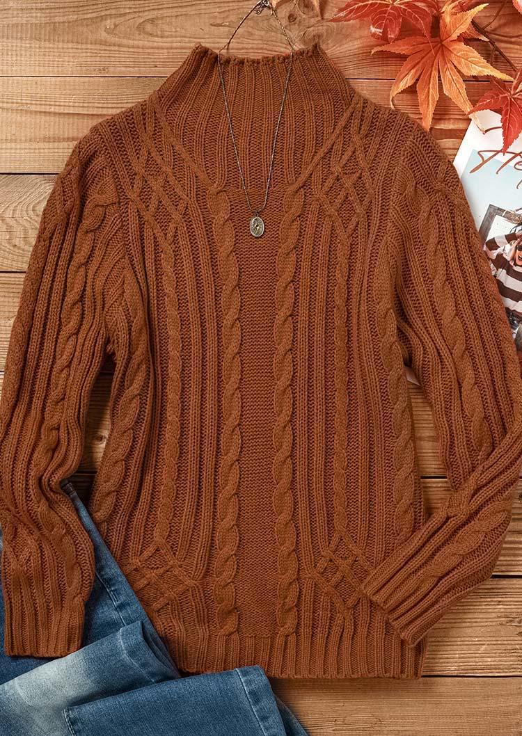 Crochet Turtleneck Long Sleeve Sweater - Brown