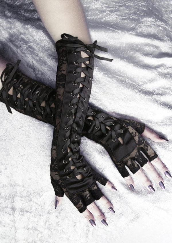 

Halloween Lace Up Long Fingerless Gloves, Black, SCM006029
