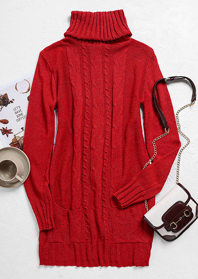 Crochet Pocket Turtleneck Long Sleeve Mini Dress - Red