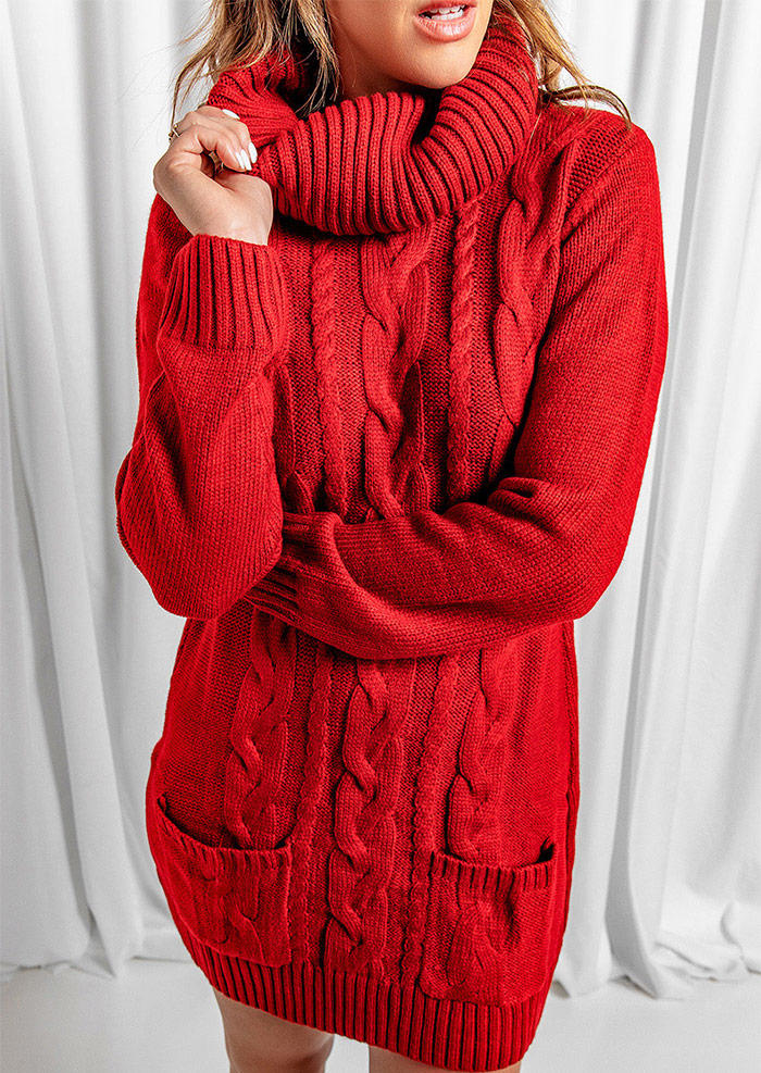 Crochet Pocket Turtleneck Long Sleeve Mini Dress - Red