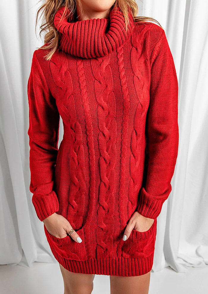Crochet Pocket Turtleneck Long Sleeve Mini Dress - Red