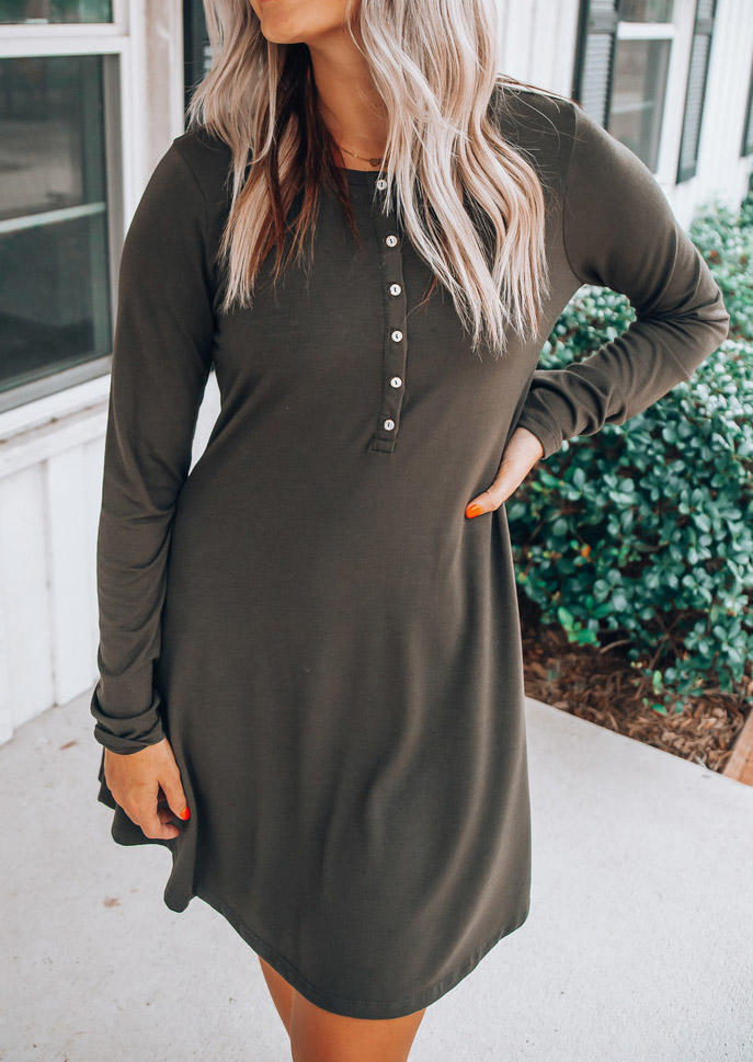 Pocket Long Sleeve O-Neck Mini Dress - Gray