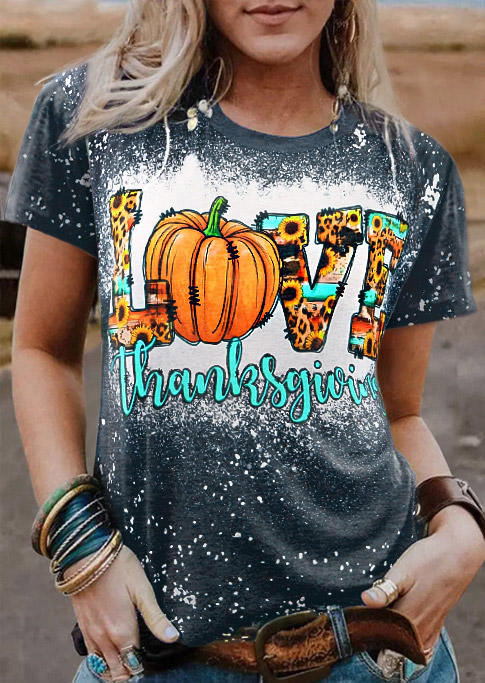 Thanksgiving Love Pumpkin Sunflower Bleached T-Shirt Tee - Gray