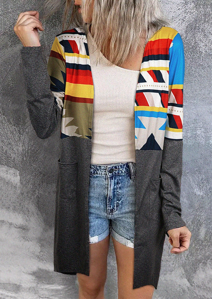 

Aztec Geometric Pocket Open Front Cardigan - Gray, SCM006063