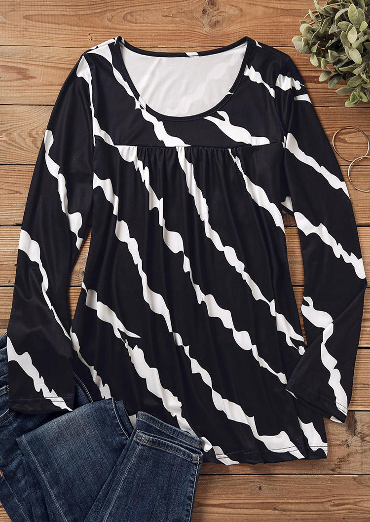 Striped Long Sleeve O-Neck Blouse - Black