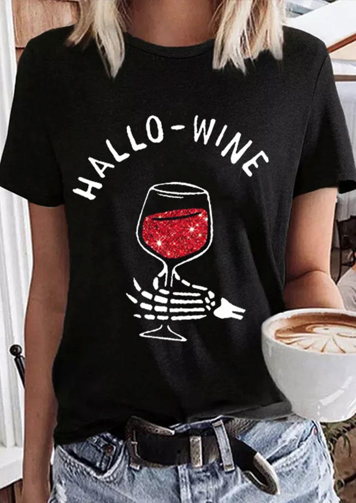 

Halloween Skeleton Hand Wine Glass T-Shirt Tee - Black, SCM006128