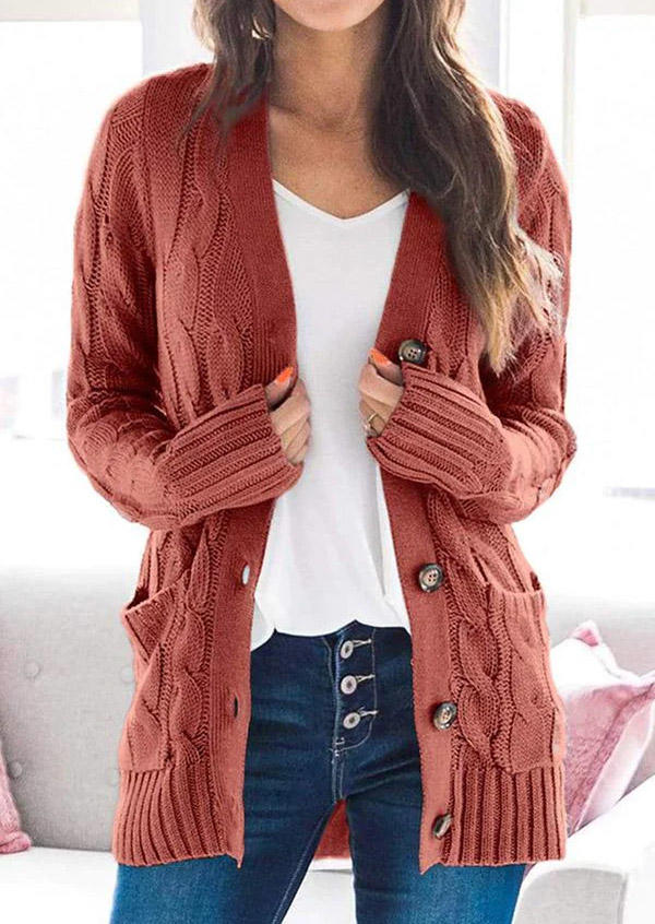 

Crochet Button Pocket Long Sleeve Cardigan - Red, SCM006129