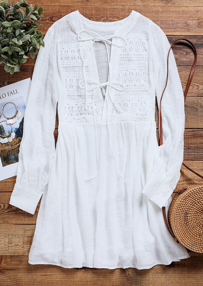 Hollow Out Long Sleeve Tie Mini Dress - White