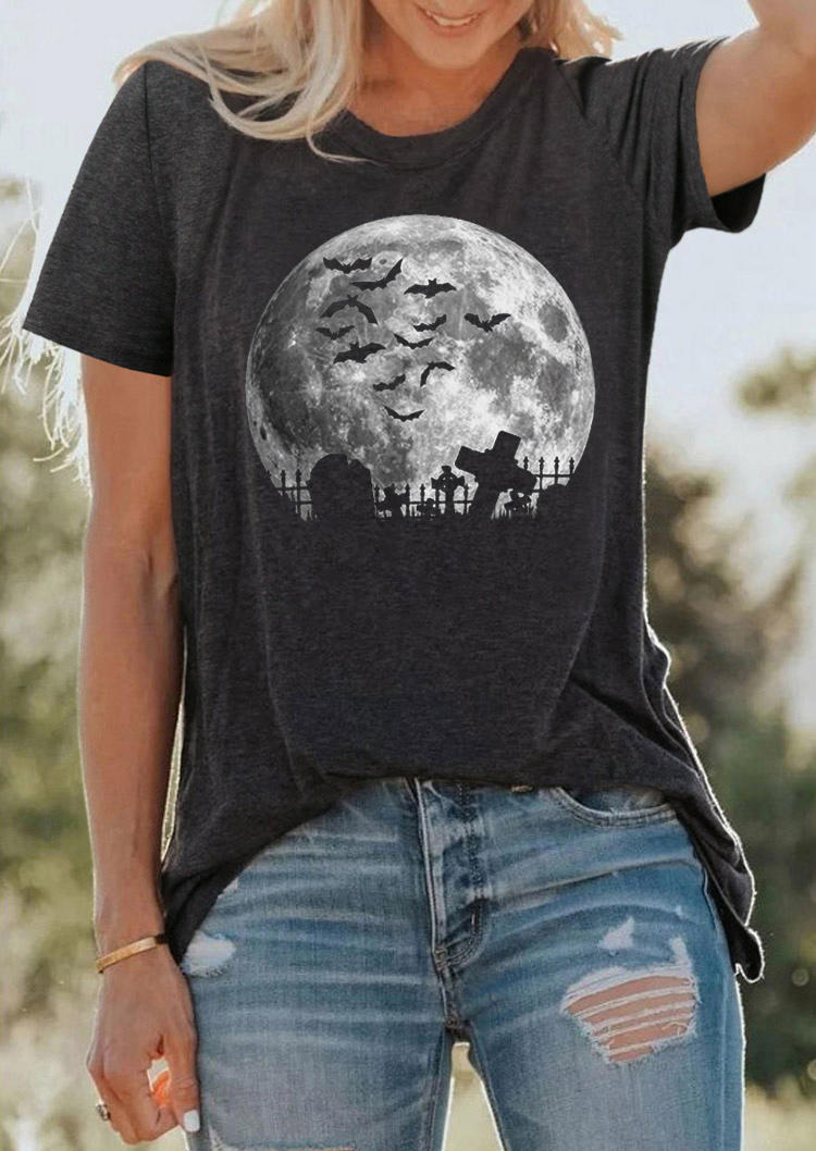 

Halloween Bat Moon O-Neck T-Shirt Tee - Gray, SCM006221
