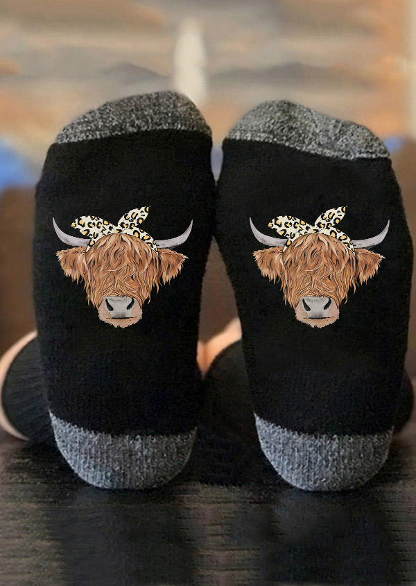 

Leopard Highland Cattle Crew Socks - Black, SCM006283