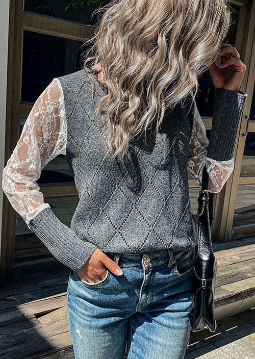 Lace Splicing Long Sleeve Sweater - Gray