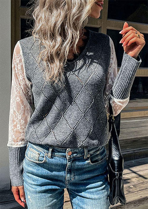 

Lace Splicing Long Sleeve Sweater - Gray, SCM006305