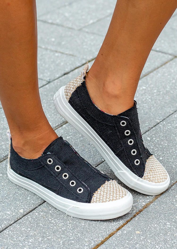 

Color Block Round Toe Flat Sneakers - Black, SCM006337