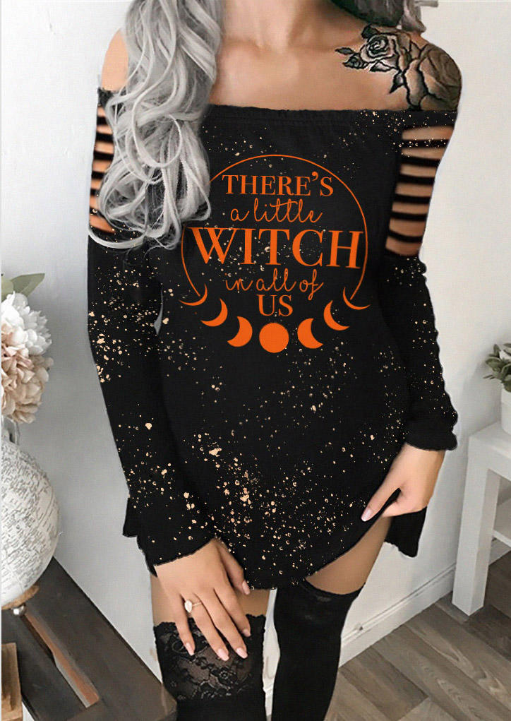 Halloween There's A Little Witch In All Of Us Hollow Out Off Shoulder Mini Dress - Black