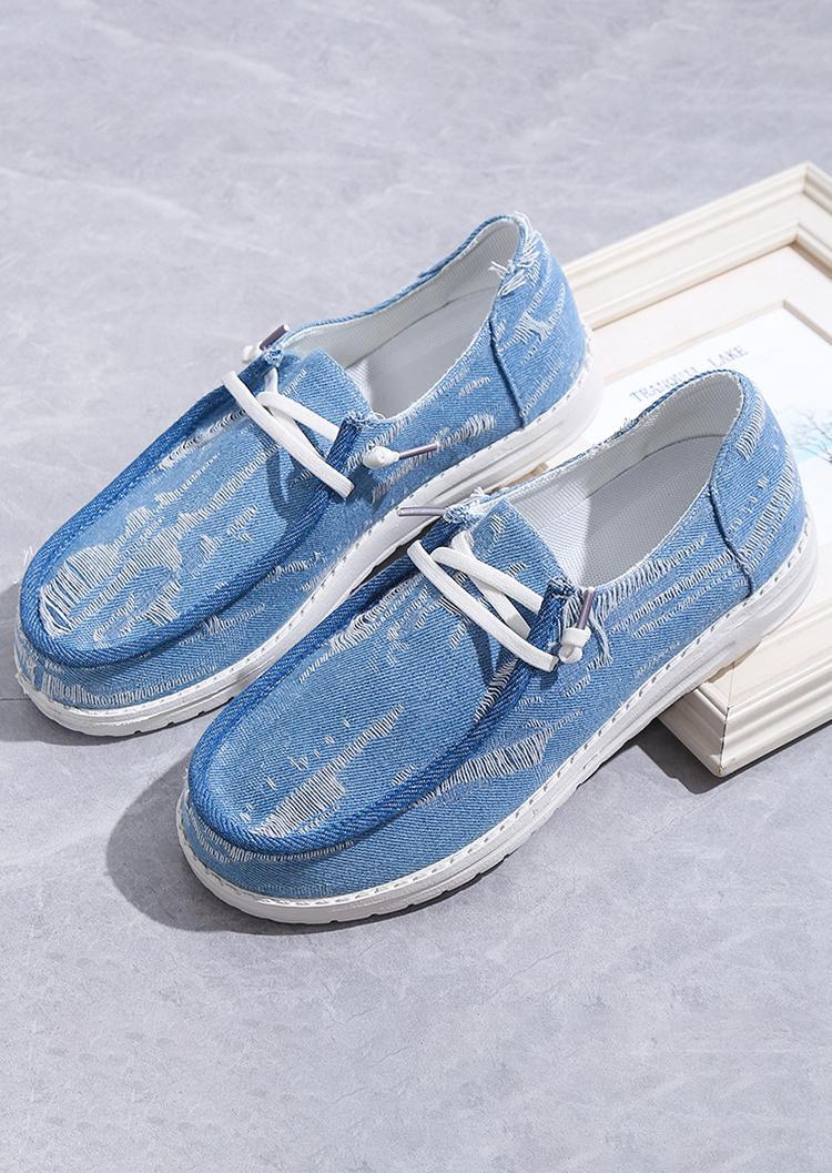 Ripped Hole Slip On Flat Sneakers - Blue