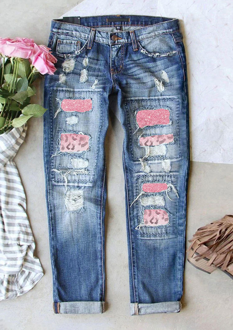 

Glitter Leopard Ripped Hole Button Denim Pants - Blue, SCM006448