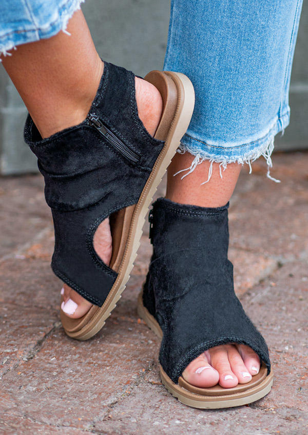 

Zipper Round Toe Flat Sandals - Black, SCM005126