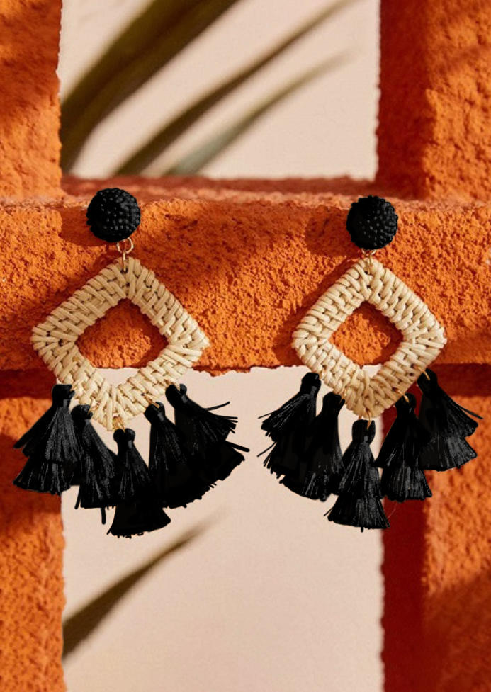 

Tassel Wooden Alloy Earrings, Black, SCM005624