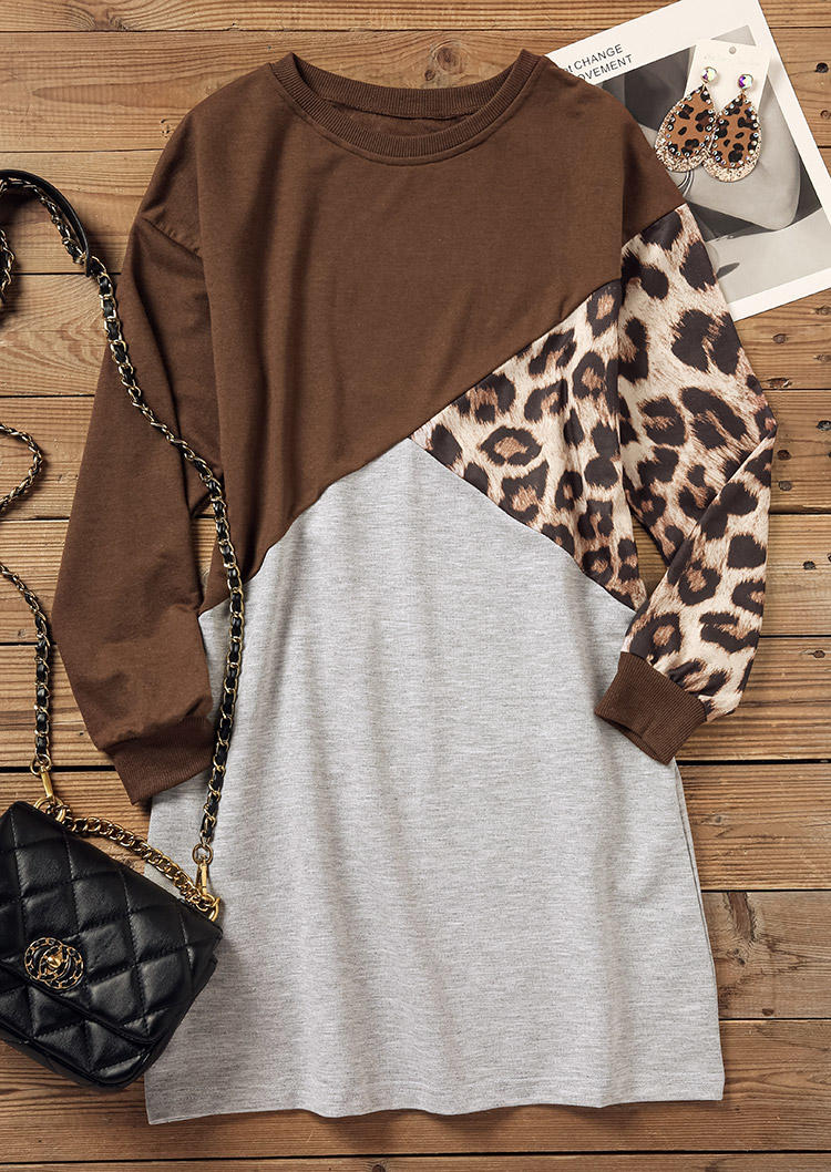 Leopard Color Block Long Sleeve Mini Dress - Brown