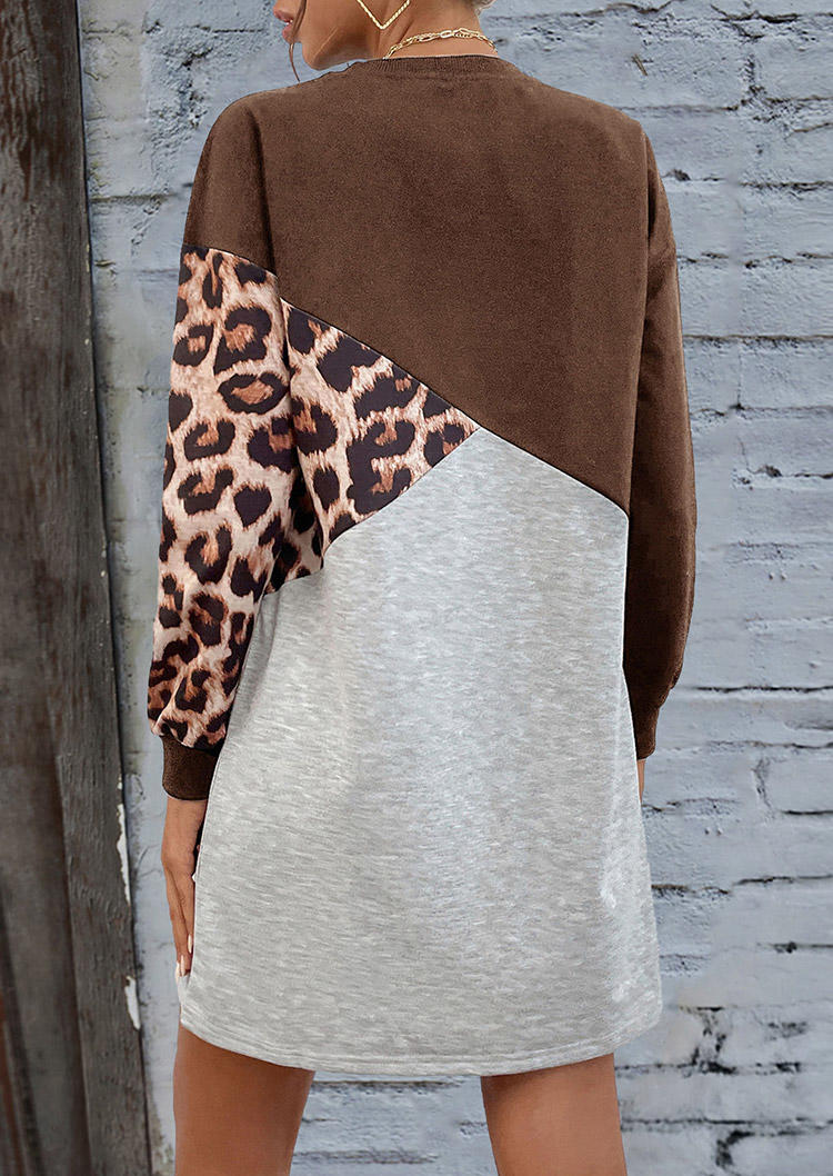 Leopard Color Block Long Sleeve Mini Dress - Brown