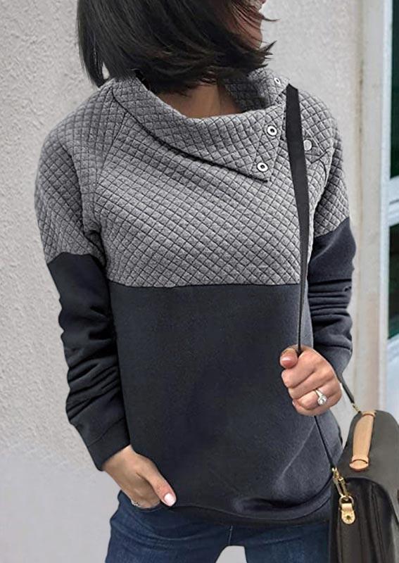 

Color Block Button Turn-down Collar Sweatshirt - Gray, SCM005913