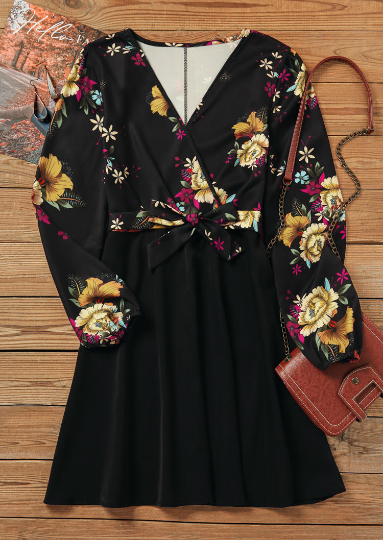 Bohemian Floral V-Neck Mini Dress - Black