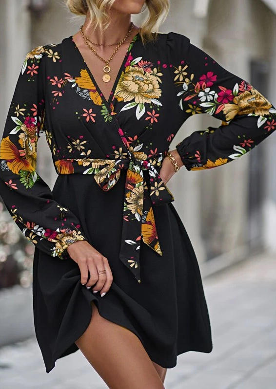 Bohemian Floral V-Neck Mini Dress - Black
