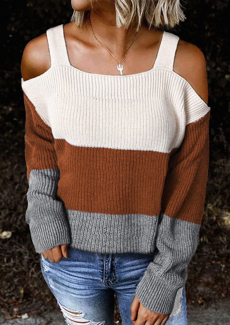 

Color Block Cold Shoulder Sweater, Multicolor, SCM006068