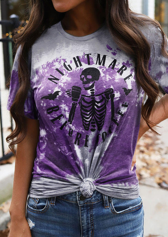 Halloween Nightmare Before Coffee Bat Skeleton Tie Dye T-Shirt Tee