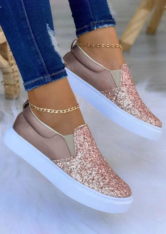 

Glitter Color Block Round Toe Flat Sneakers - Gold, SCM006145