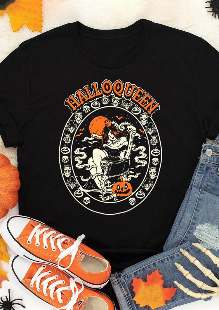 

Halloween HalloQueen Pumpkin Face Skull T-Shirt Tee - Black, SCM006161