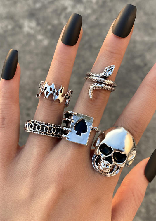 

5Pcs Halloween Skull Snake Hollow Out Ring Set, Silver, SCM006201
