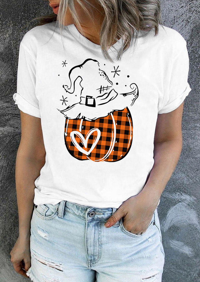 

Halloween Pumpkin Plaid Heart O-Neck T-Shirt Tee - White, SCM006211