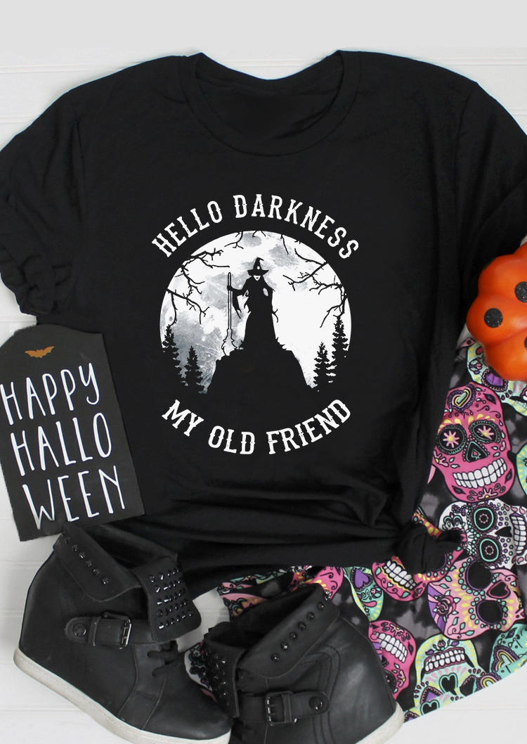 Halloween Hello Darkness My Old Friend Witch T-Shirt Tee - Black