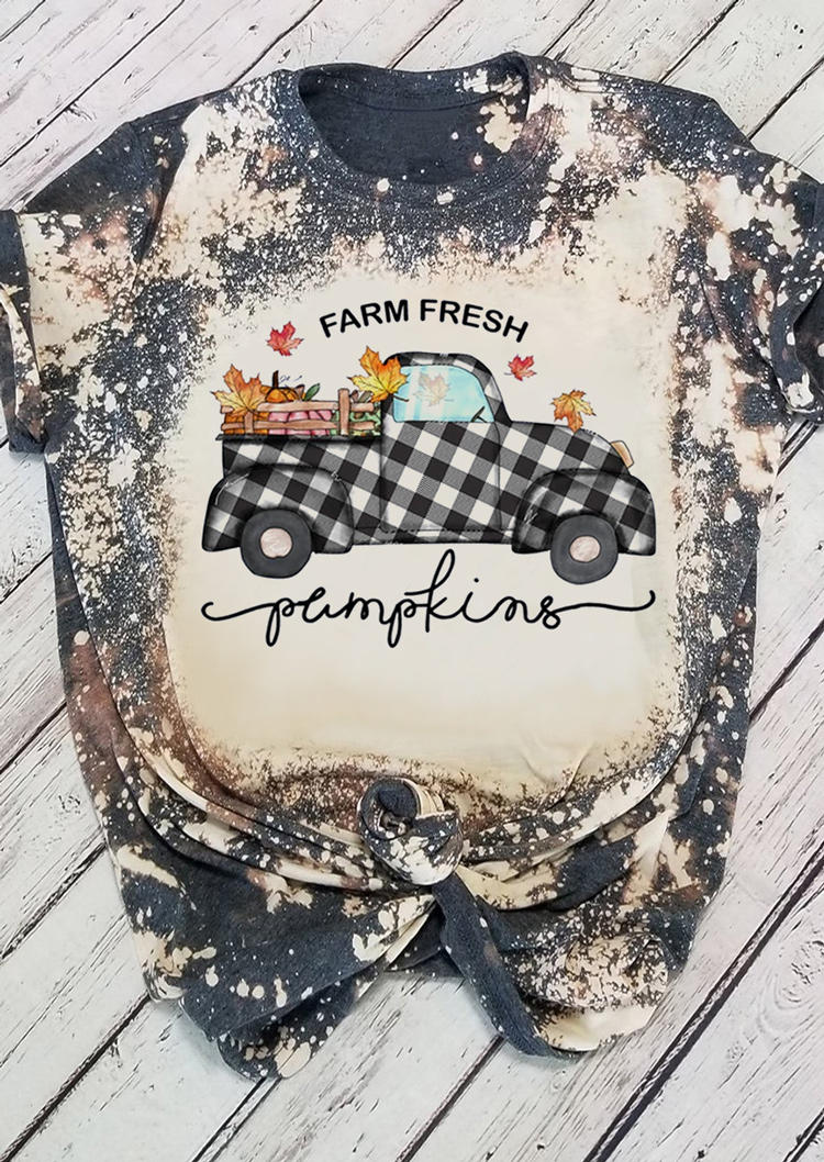 

Farm Fresh Pumpkins Maple Leaf Plaid Bleached T-Shirt Tee, Multicolor, SCM006458