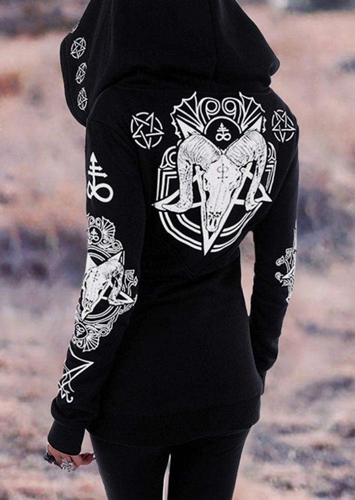 

Halloween Tribal Sheepshead Star Zipper Long Sleeve Hoodie - Black, SCM006498