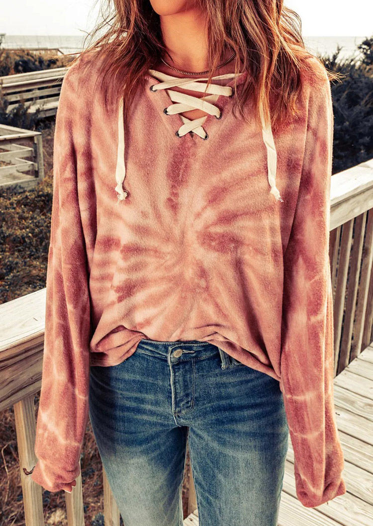 

Tie Dye Lace Up Long Sleeve Blouse, Orange, SCM005031