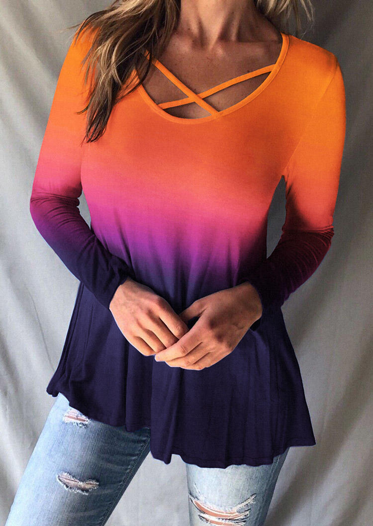 

Gradient Criss-Cross Long Sleeve Blouse, Multicolor, SCM005740