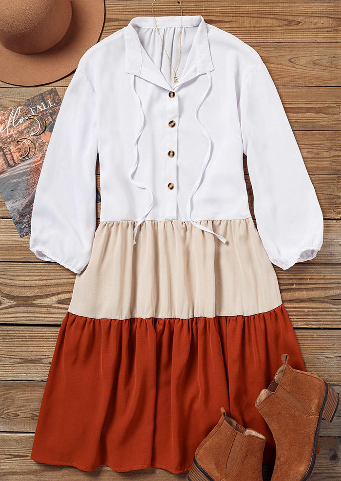 Color Block Ruffled Button Long Sleeve Mini Dress