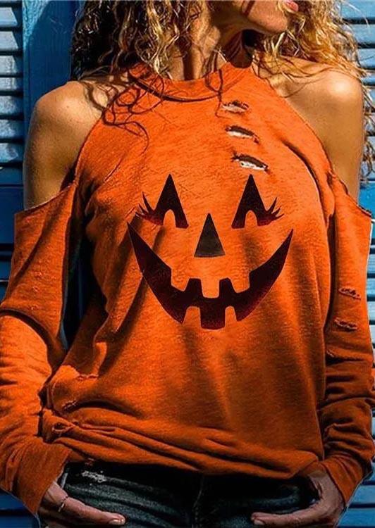 

Halloween Pumpkin Face Cold Shoulder Blouse - Orange, SCM006003