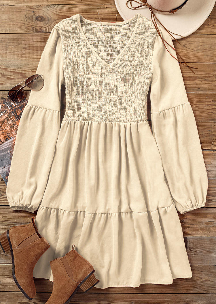 Ruffled Smocked Long Sleeve V-Neck Mini Dress - Apricot