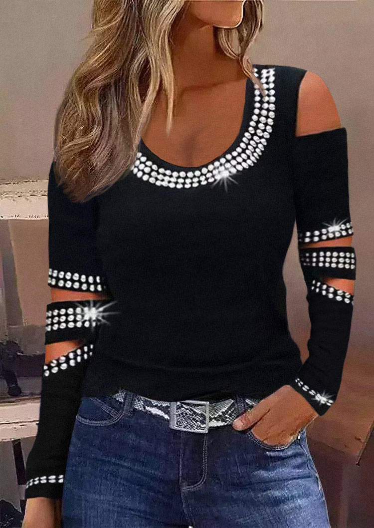 

Glitter Hollow Out Long Sleeve Blouse - Black, SCM006116