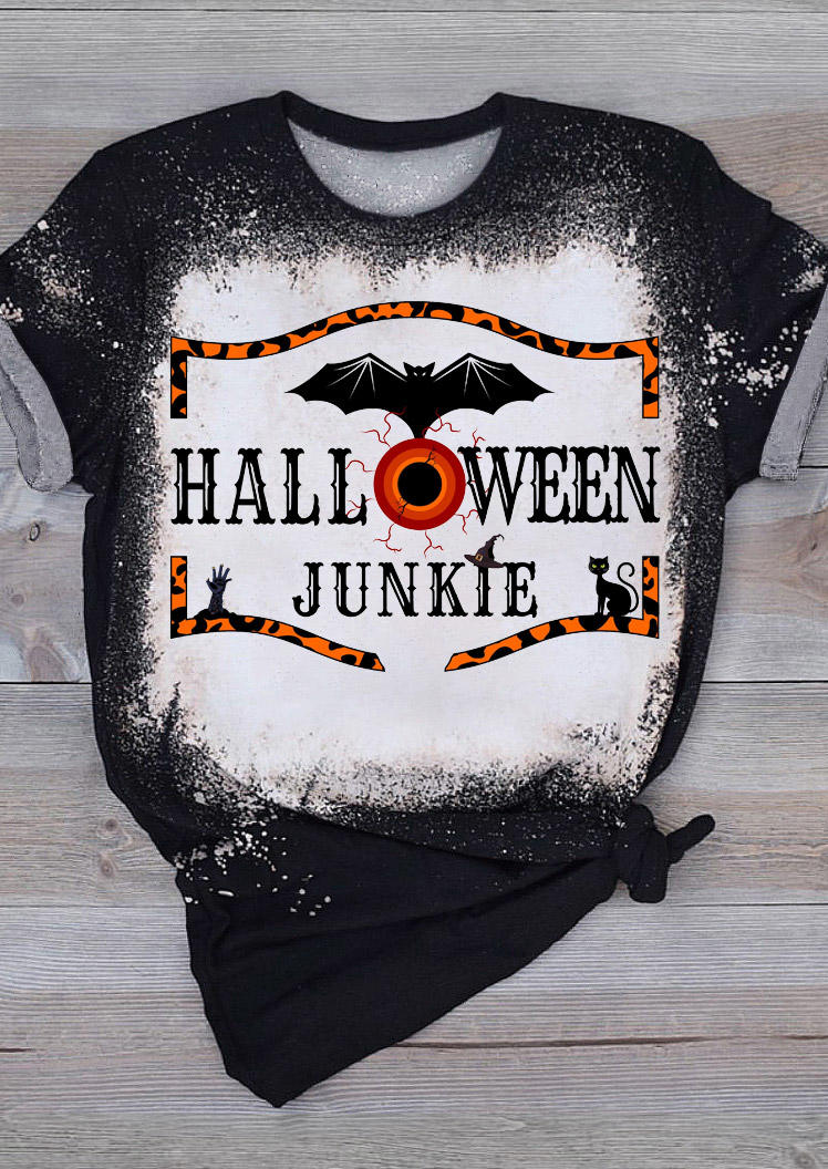 

Halloween Junkie Bat Cat Bleached T-Shirt Tee - Black, SCM006158